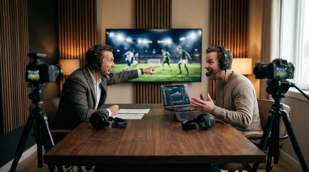 Dois narradores numa bancada, com um jogo de futebol no telão atrás
